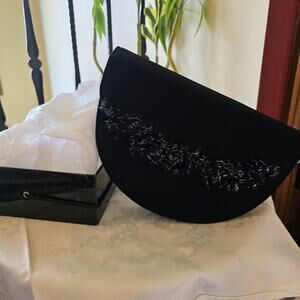 NIB Champagne Italy black half moon purse with pom poms